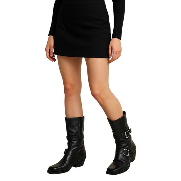 ZARA Black Leather Tall Buckle Boots | Square Toe Wedge Heel | Size 39 (US 8.5 - Picture 1 of 8